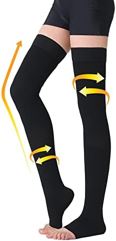 TOFLY® Thigh High Compression Stockings for Women Men, Open Toe, Opaque, Extra Firm Support 30-40mmHg Graduated Compression with Silicone Band, Shin Splints, Varicose Veins, Swelling, Edema, Black XXL